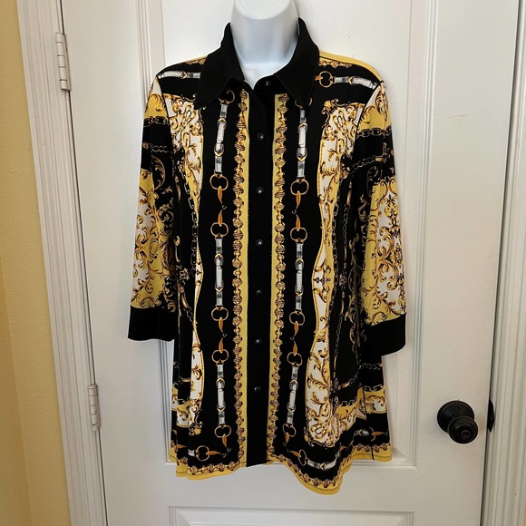 Eva Varro Handcrafted in USA Vintage Yellow Black Tunic Snap Closure M - Picture 1 of 6